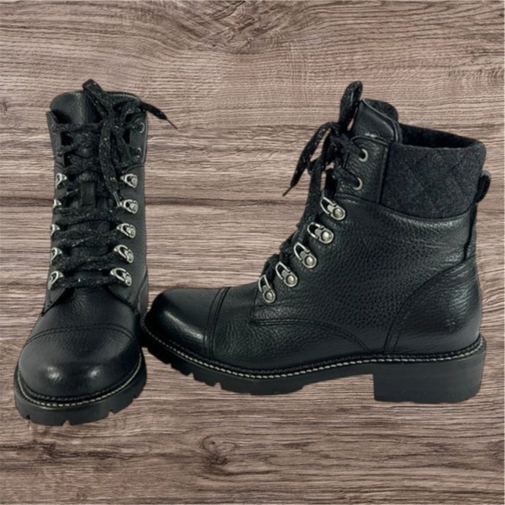 ✨NEW In BOX FRYE Samantha Hiker Black Leather Lace-up Lug Sole 8.5 boots - Picture 9 of 9